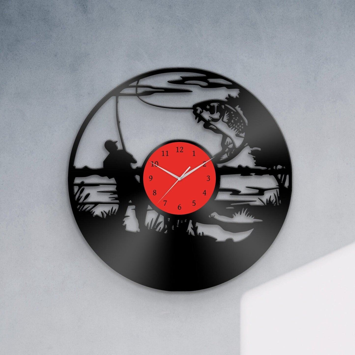 Gift Idea for Men - Fisher's Silhouette, Catching the Prey. Unique Vinyl Record Wall Clock Made of Real Vinyl. 